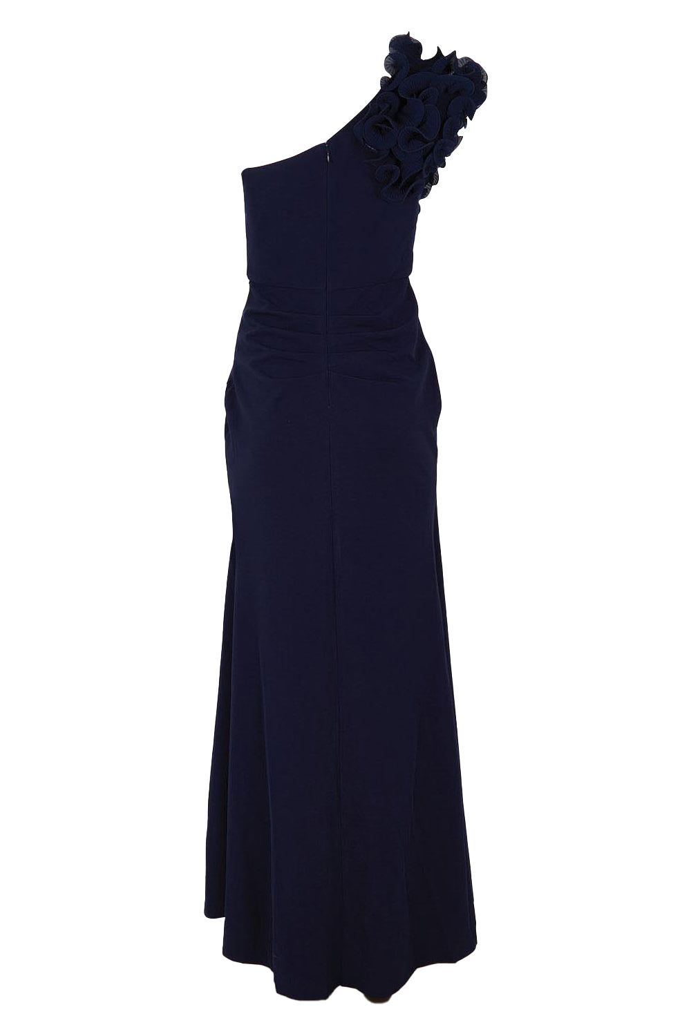 Product shot of the Elle One Shoulder Gown in colour Navy (Blue), from the back