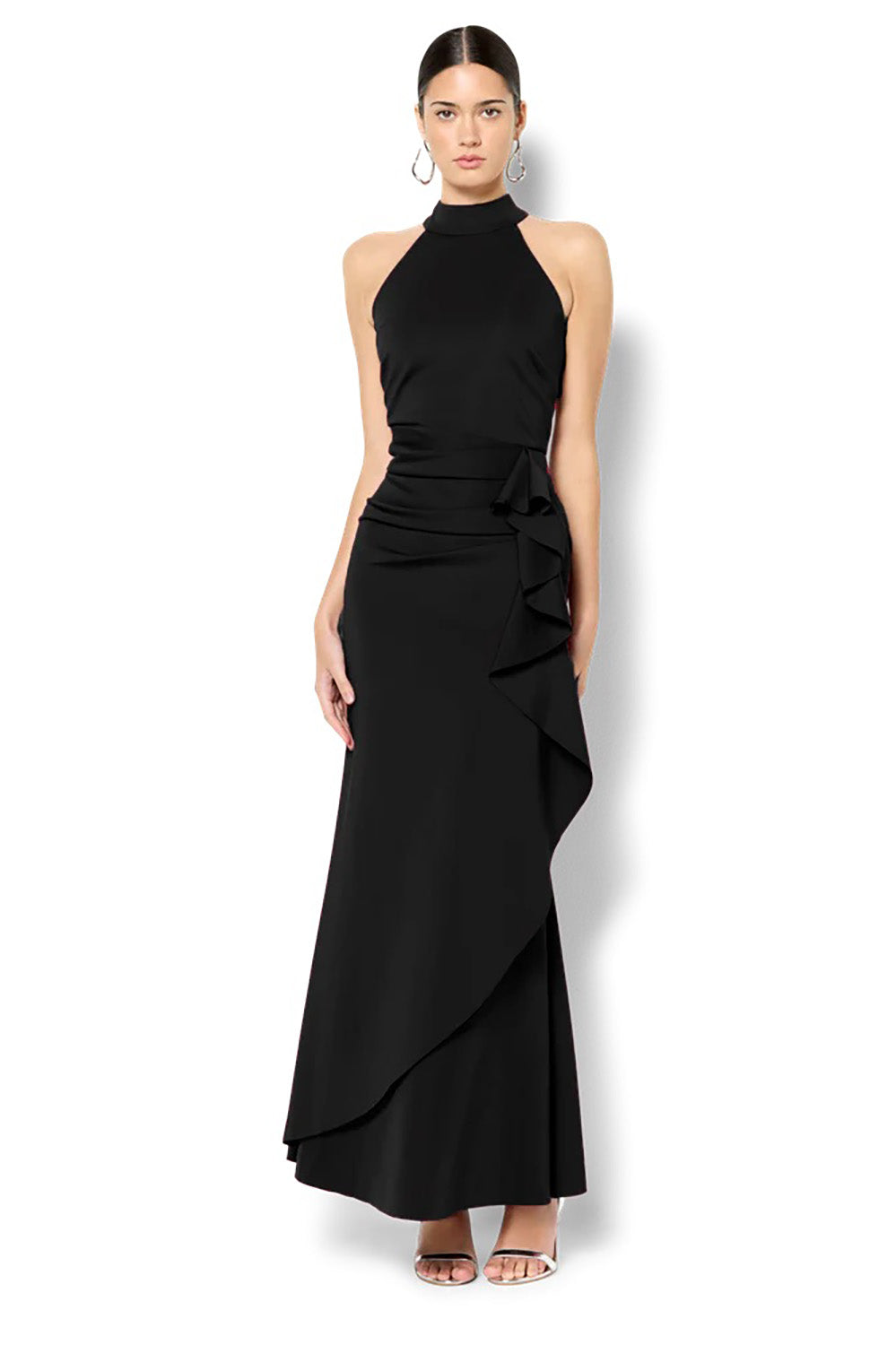 A model wearing the Sebastian Halter Gown in colour Black (Black), from the front, showing the whole outfit