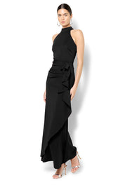 A model wearing the Sebastian Halter Gown in colour Black (Black), from the front, showing the whole outfit