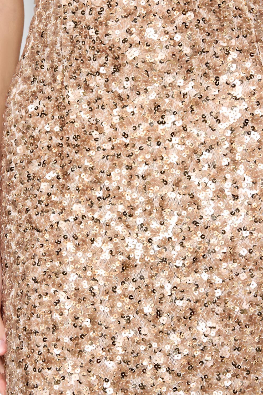 A model wearing the Colette Sequin Gown in colour Mink, from the front, cropped image
