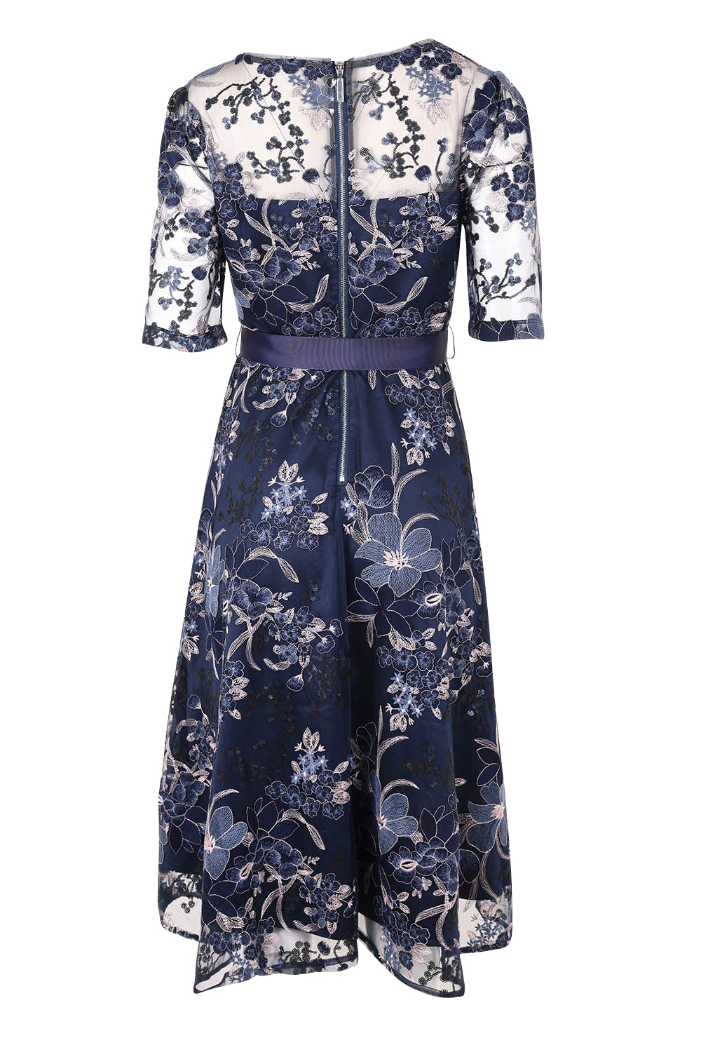 Product shot of the Loren Lace Midi Dress in colour Navypink (Blue), from the back