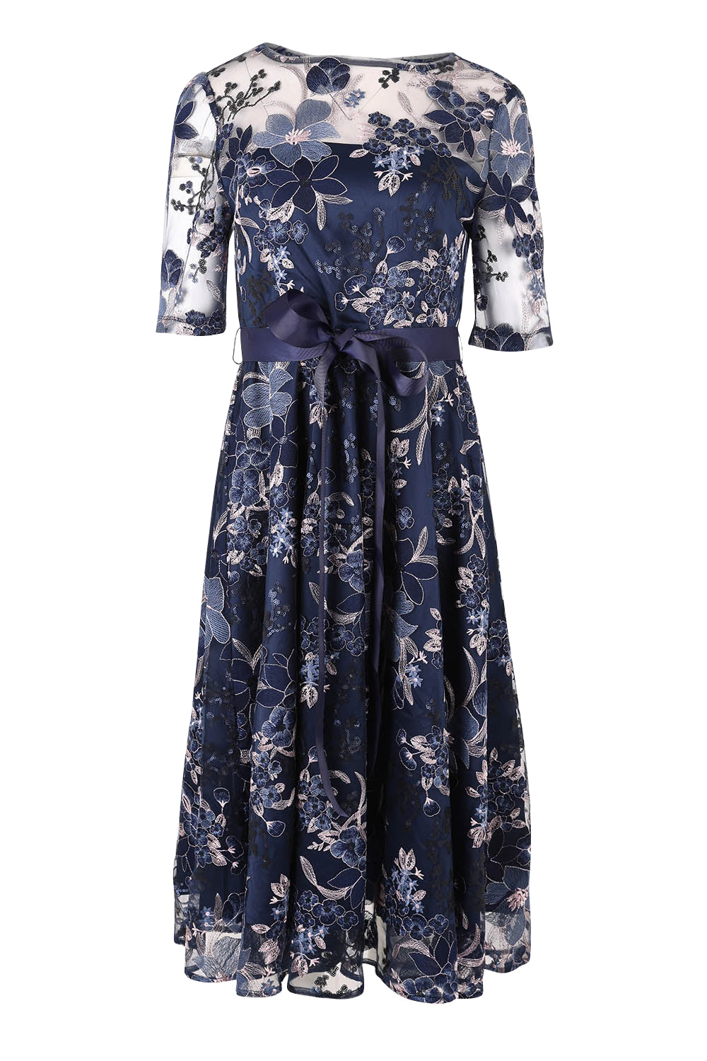 Product shot of the Loren Lace Midi Dress in colour Navypink (Blue), from the front