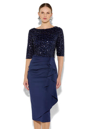 A model wearing the Reeva Sequin Cocktail Dress in colour Navy (Blue), from the front, cropped image
