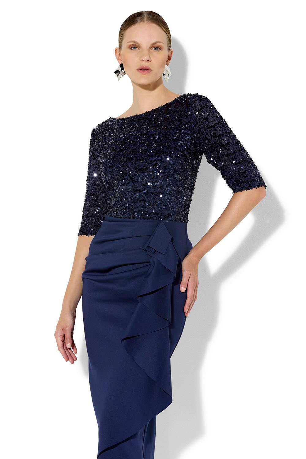 A model wearing the Reeva Sequin Cocktail Dress in colour Navy (Blue), from the front, cropped image