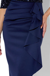 A model wearing the Reeva Sequin Cocktail Dress in colour Navy (Blue), from the front, cropped image