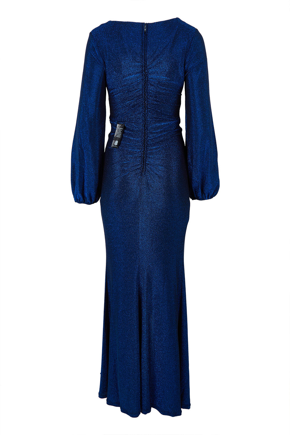 Product shot of the Serena Shimmer Maxi Gown in colour Sapphire (Blue), from the back