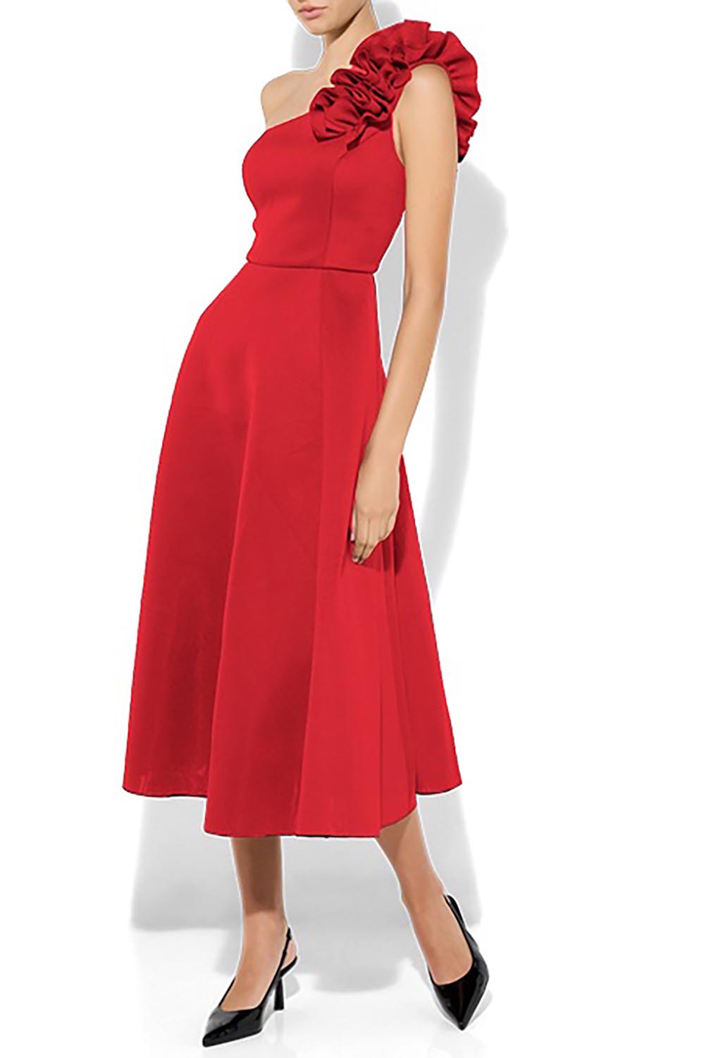 A model wearing the Skye Cocktail Dress in colour Red (Red), from the front, cropped image