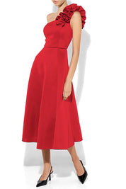 A model wearing the Skye Cocktail Dress in colour Red (Red), from the front, cropped image