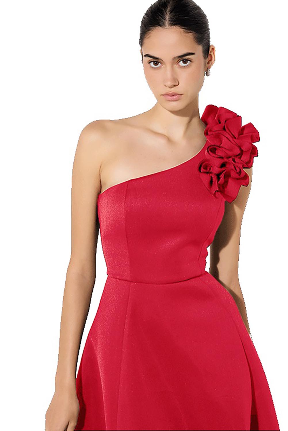 A model wearing the Skye Cocktail Dress in colour Red (Red), from the front, cropped image