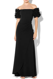 A model wearing the Diana Ruffle Sleeve Gown in colour Black (Black), from the front, cropped image