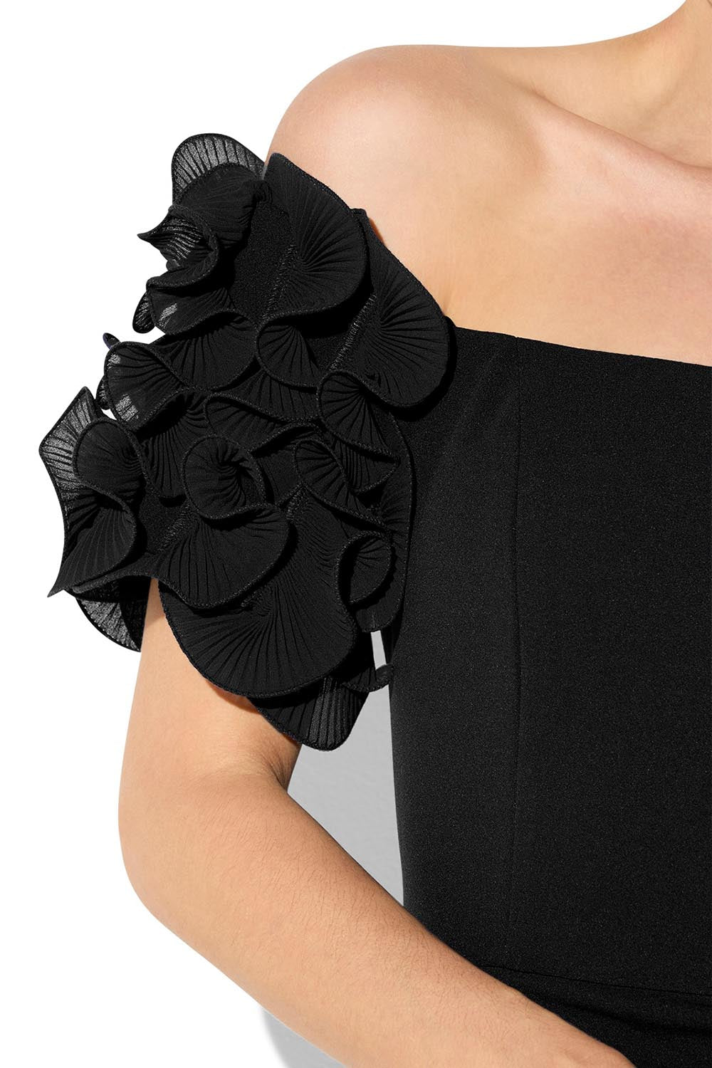 A model wearing the Diana Ruffle Sleeve Gown in colour Black (Black), from the front, cropped image