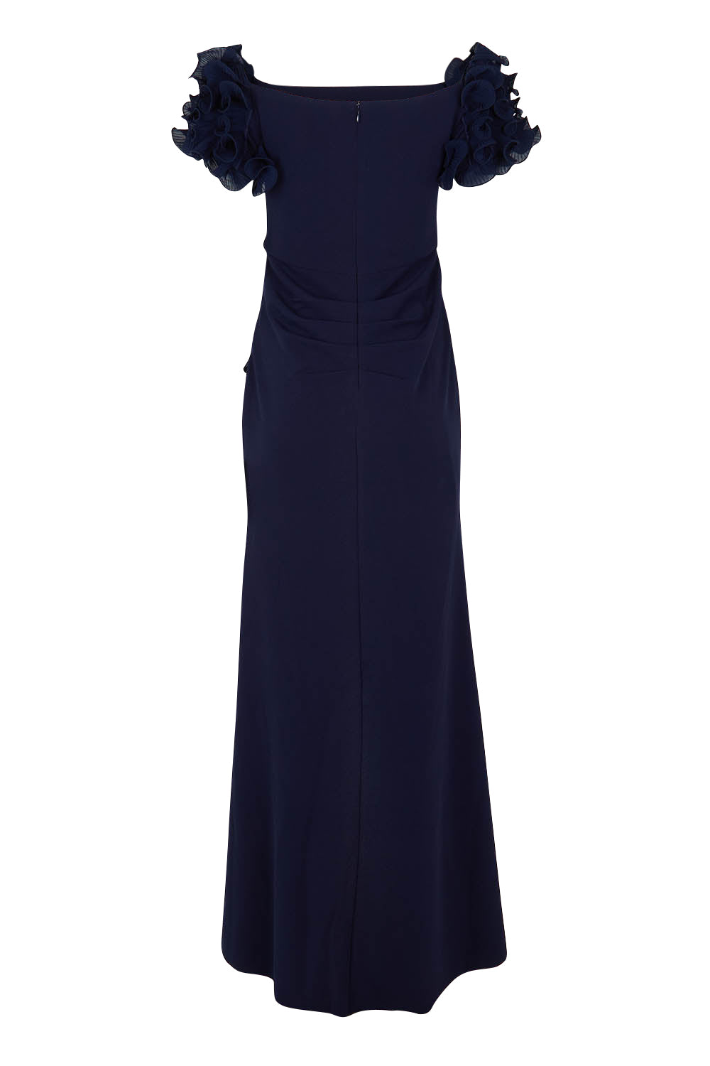 Product shot of the Diana Ruffle Sleeve Gown in colour Navy (Blue), from the back