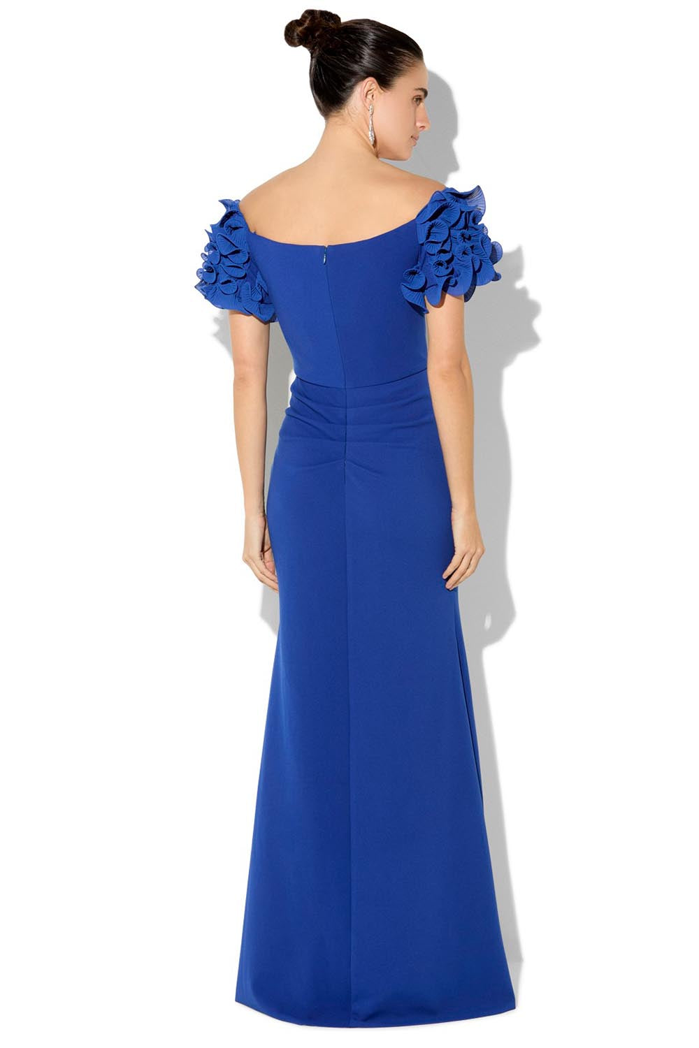 A model wearing the Diana Ruffle Sleeve Gown in colour Sapphire (Blue), from the back