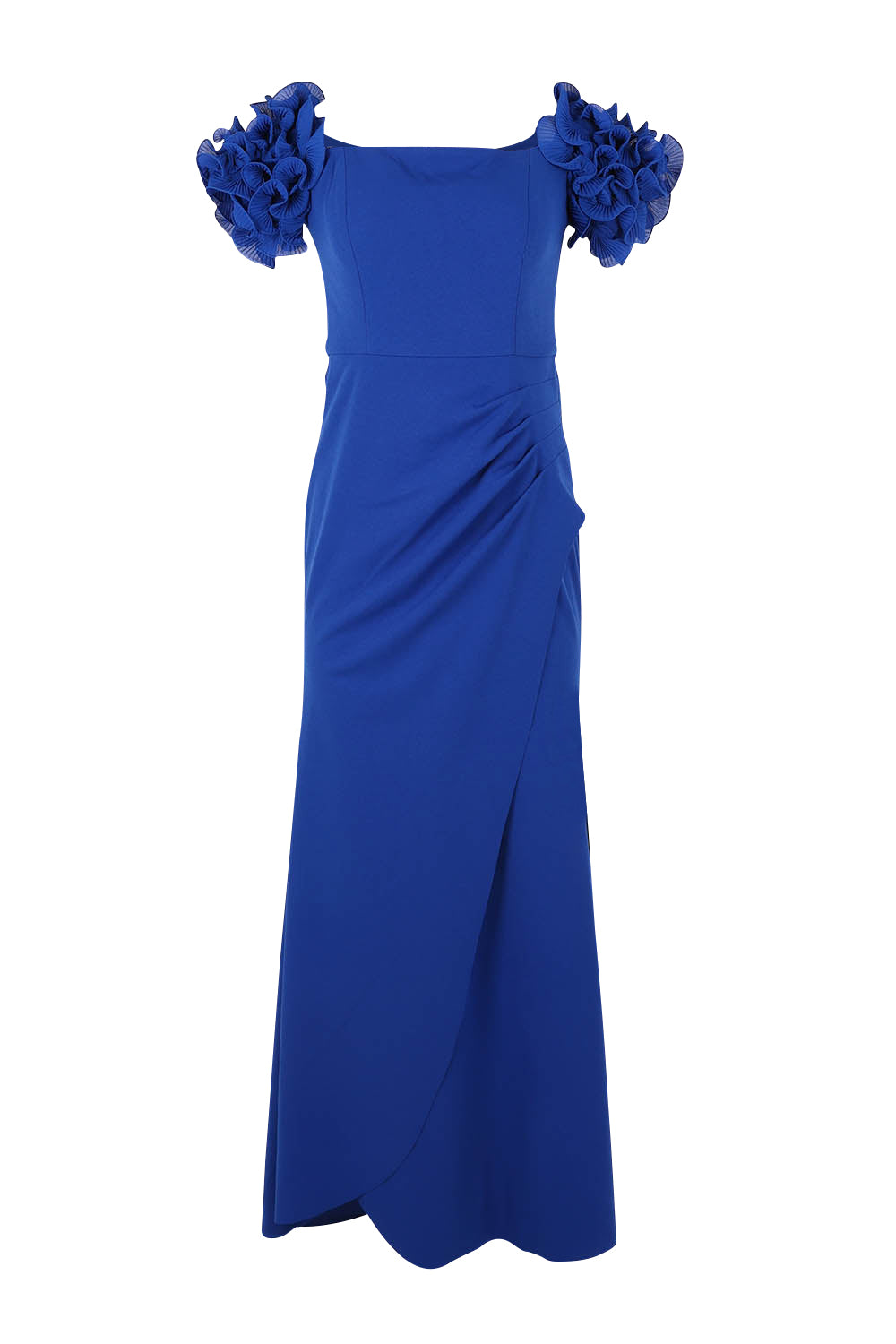 Product shot of the Diana Ruffle Sleeve Gown in colour Sapphire (Blue), from the front