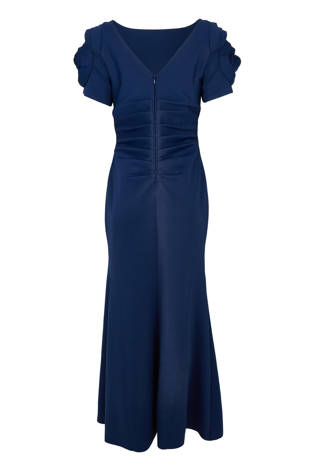 Product shot of the Monet Rosette Sleeve Gown in colour Navy (Blue), from the back