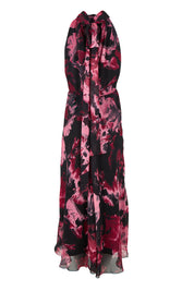Product shot of the Imogen Merlot Floral Midi Dress in colour Merlot (Red), from the back