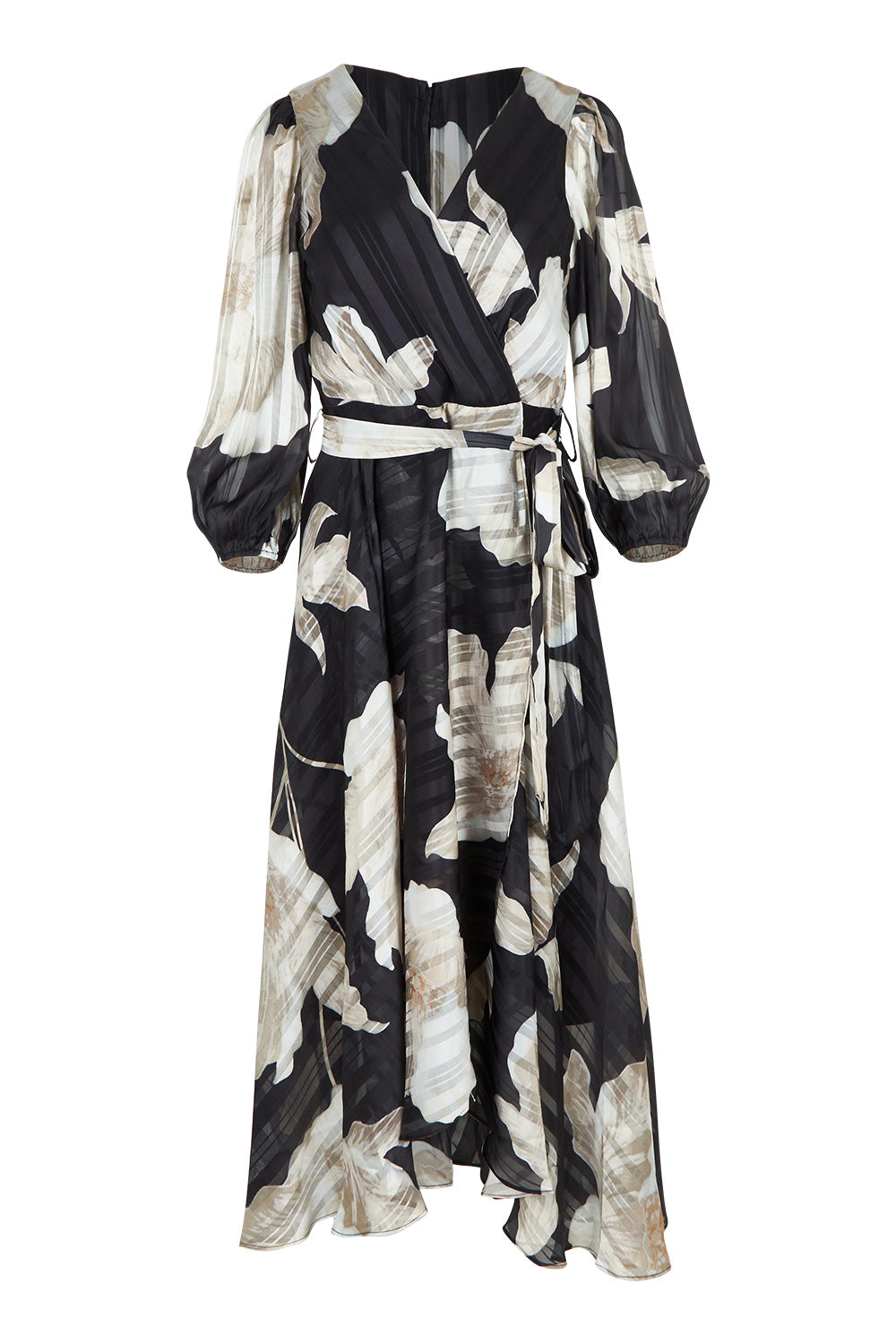 Product shot of the Soraya Printed Maxi Dress in colour Blackprint (Black), from the front
