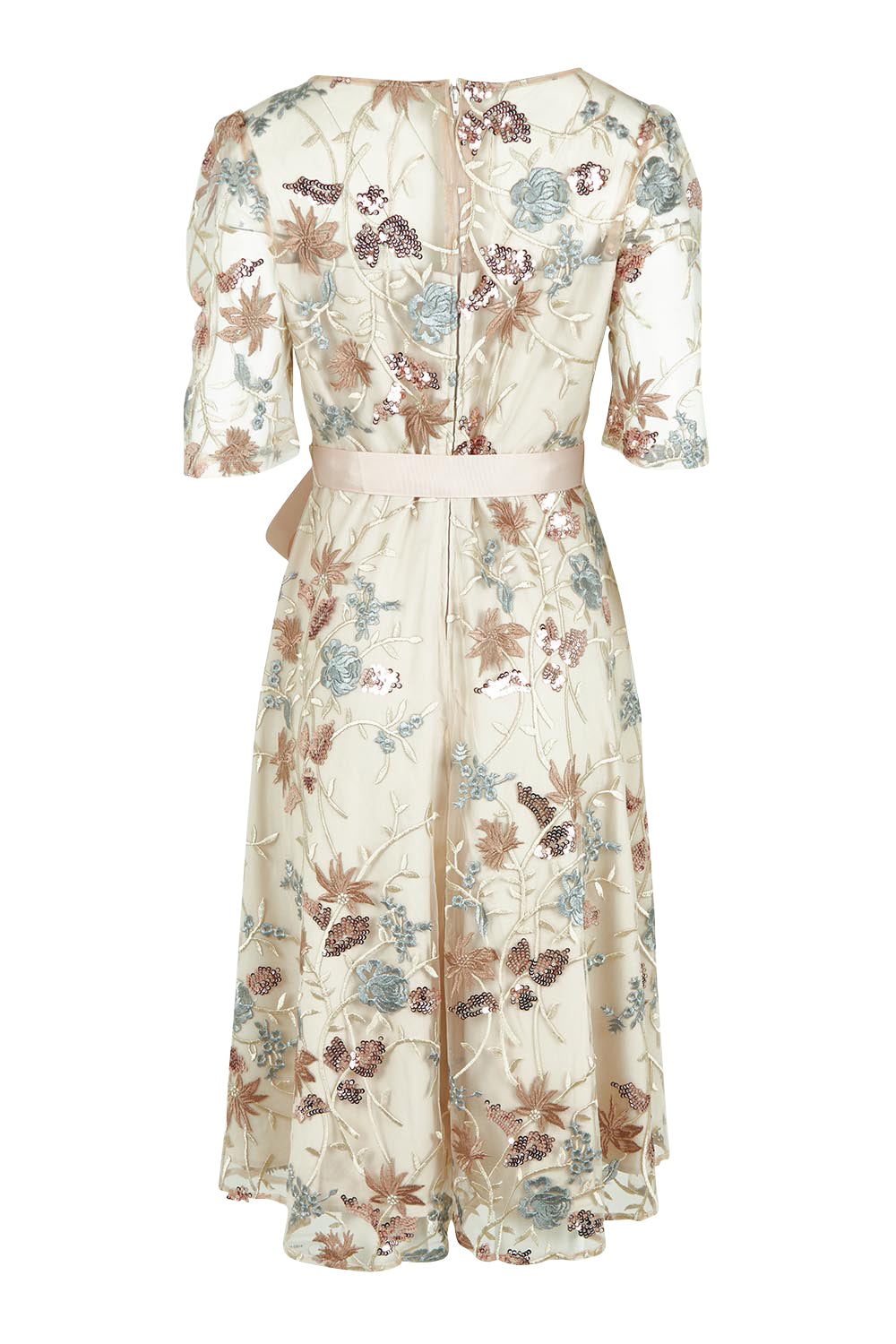 Product shot of the Pippa Embroidered Dress in colour Mink (Pink), from the back