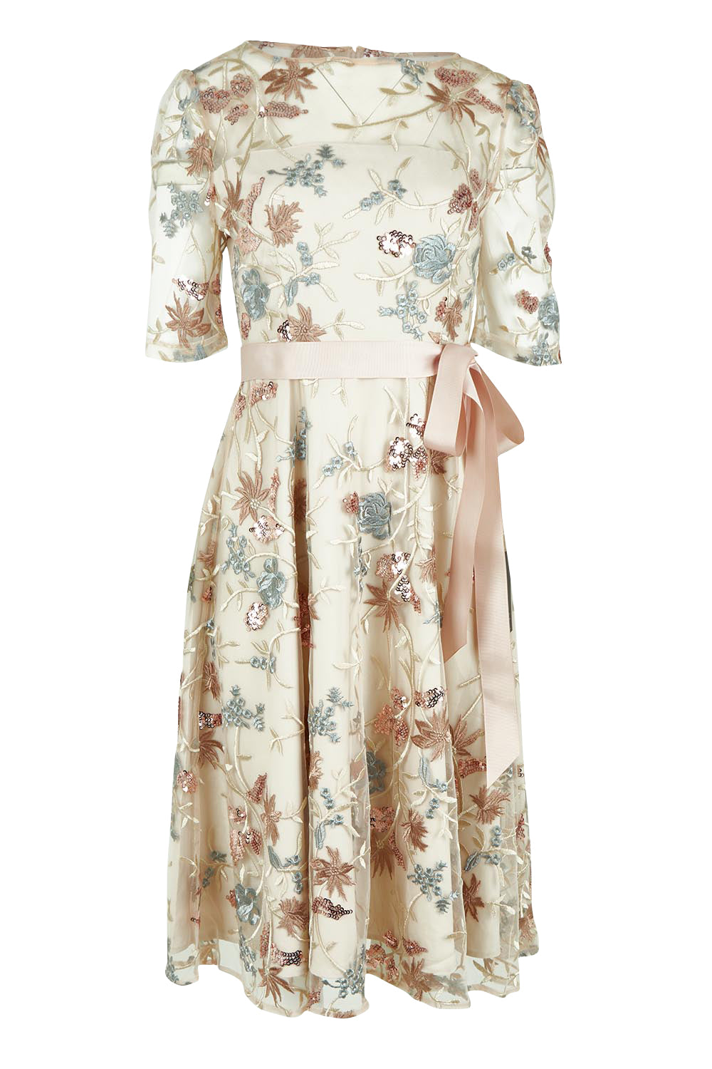 Product shot of the Pippa Embroidered Dress in colour Mink (Pink), from the front
