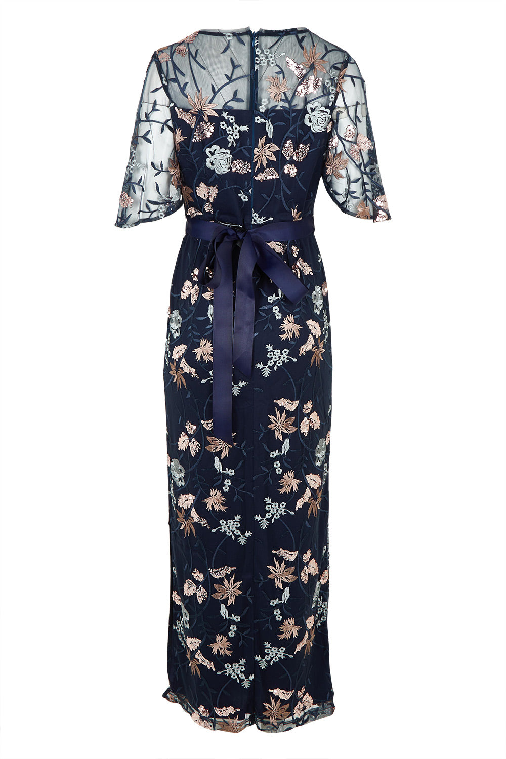 Product shot of the Florence Navy Embroidered Gown in colour Navy (Blue), from the back