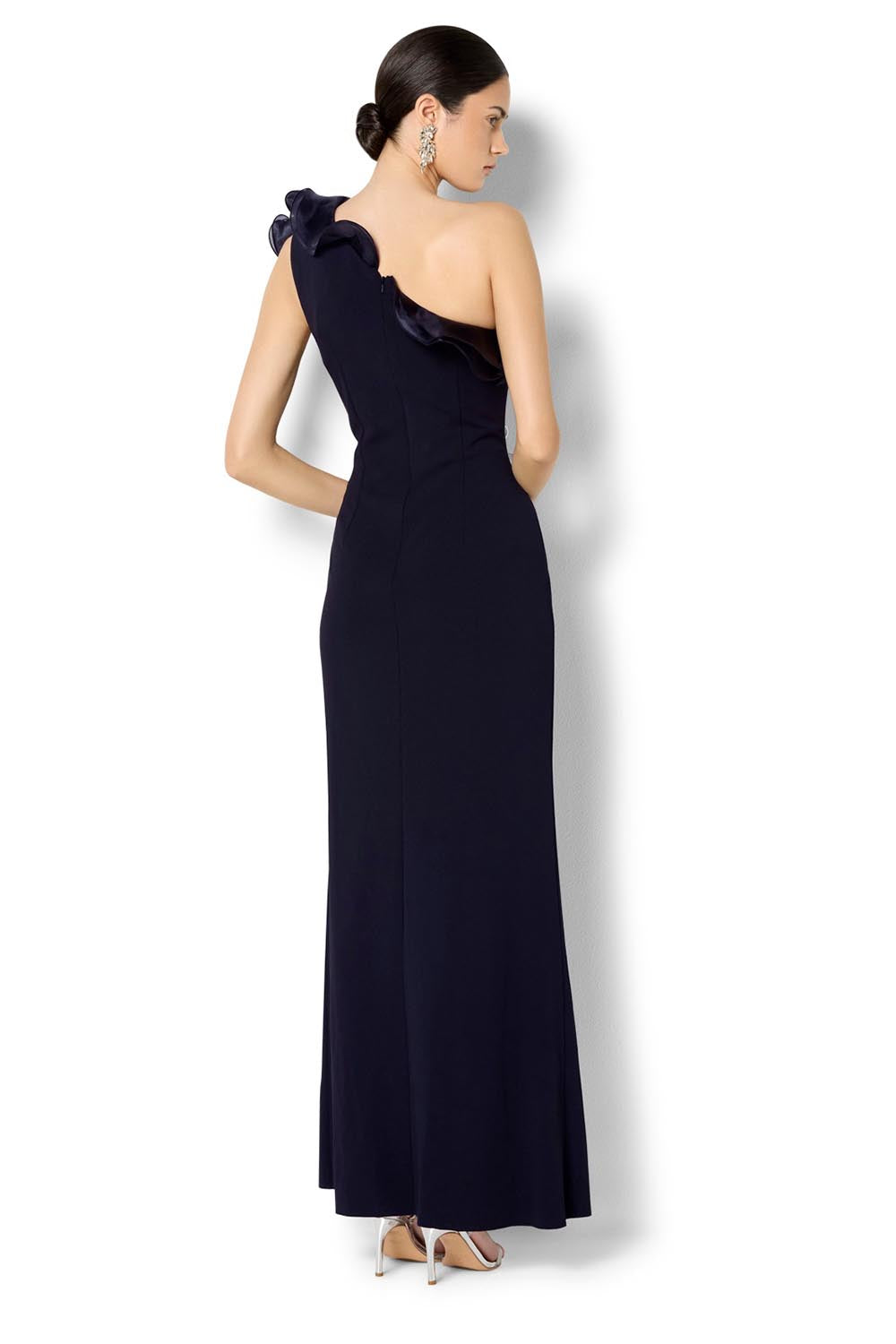 Model Genericm wearing size sample of the Adelyn One Shoulder Organza Gown - Navy in colour Navy, from the front
