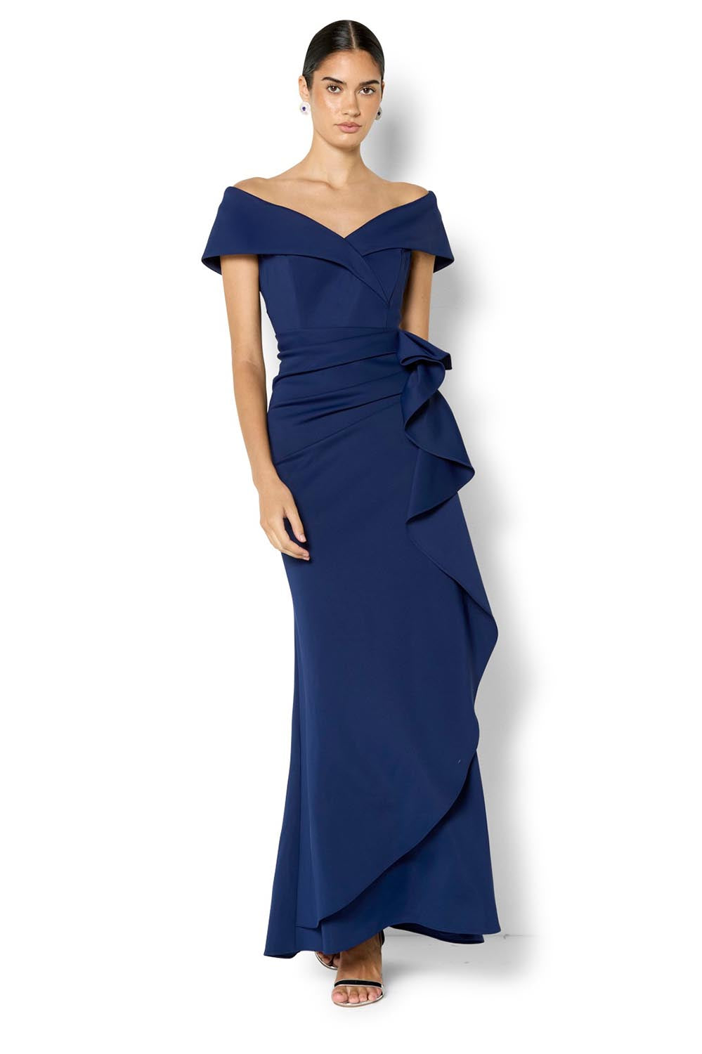 Model Genericm wearing size sample of the Delana Off the Shoulder Gown - Navy in colour Navy, from the front