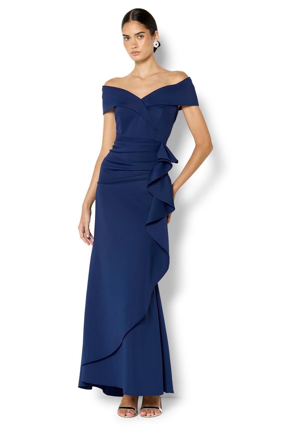 Model Genericm wearing size sample of the Delana Off the Shoulder Gown - Navy in colour Navy, from the front