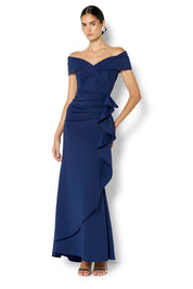 Model Genericm wearing size sample of the Delana Off the Shoulder Gown - Navy in colour Navy, from the front
