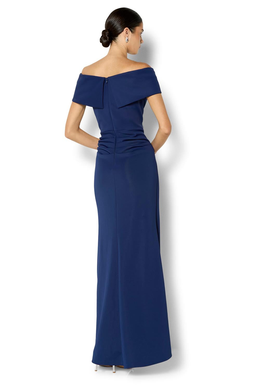 Model Genericm wearing size sample of the Delana Off the Shoulder Gown - Navy in colour Navy, from the front