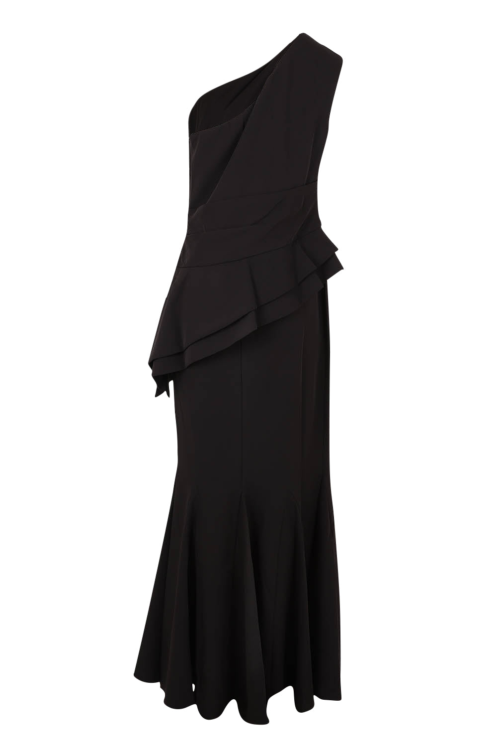 Product shot of the Oscar One Shoulder Gown in colour Black (Black), from the back