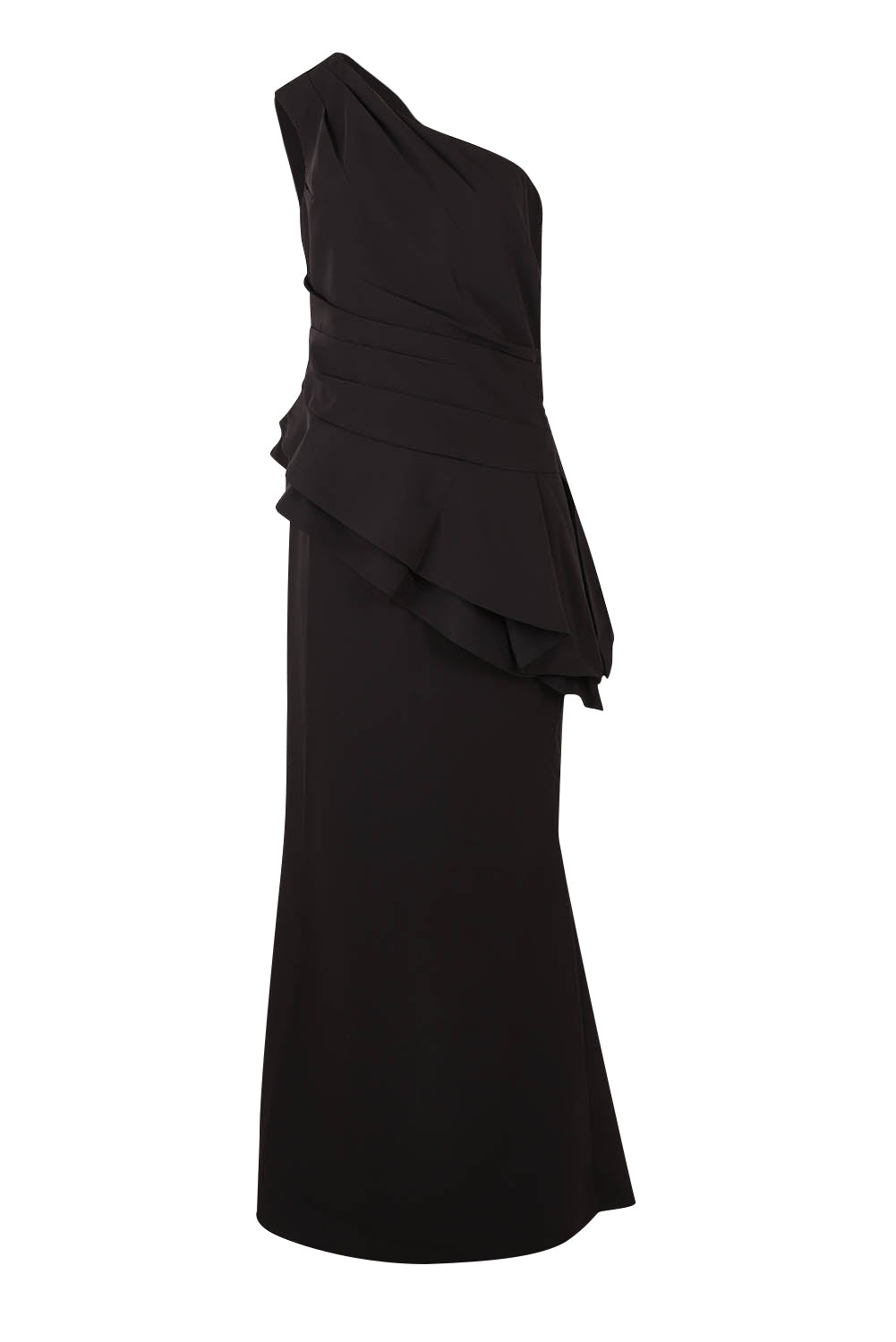 Product shot of the Oscar One Shoulder Gown in colour Black (Black), from the front
