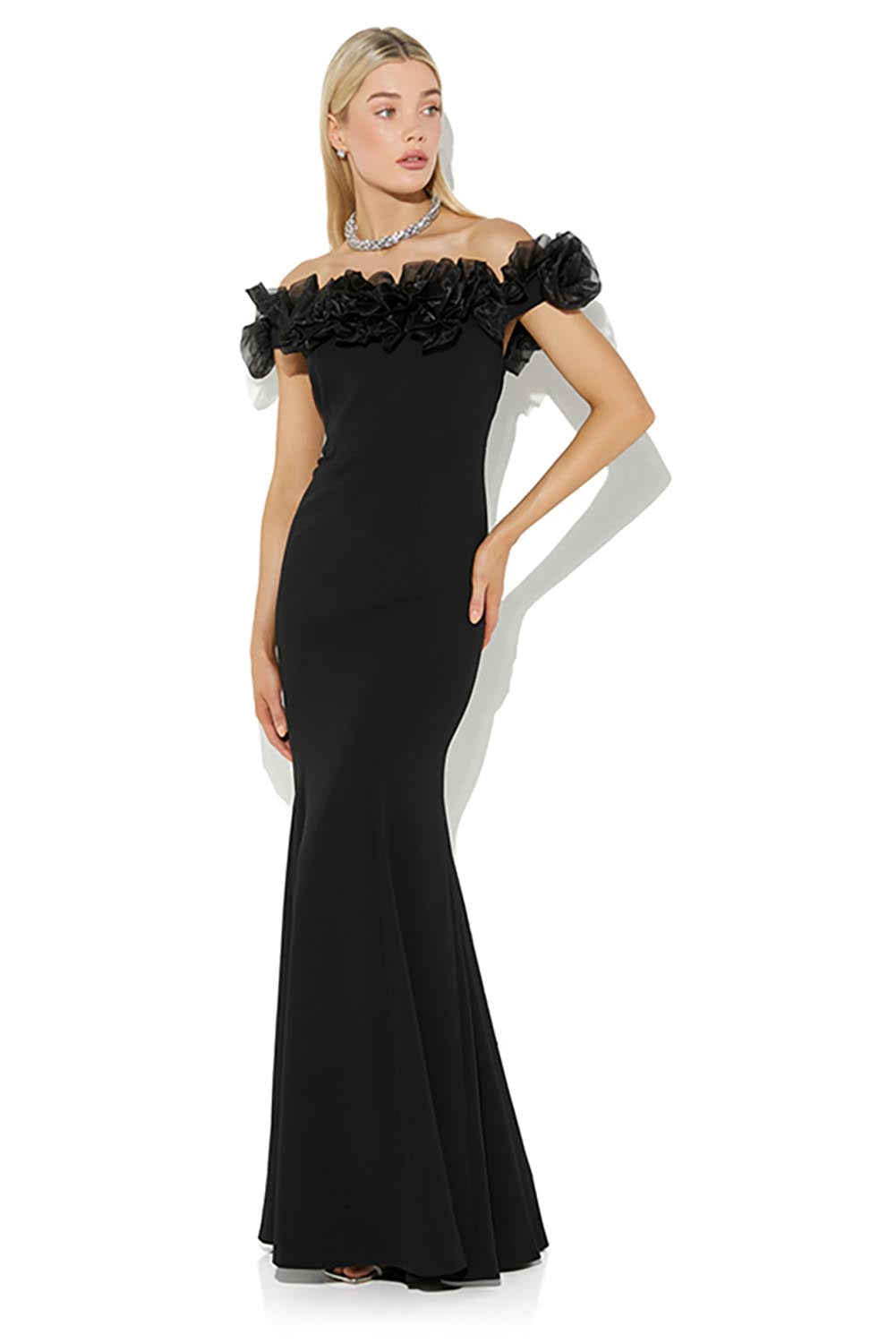 A model wearing the Mischa Organza Rose Gown in colour Black (Black), from the front, showing the whole outfit