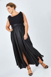 Model Fiona wearing size 16 of the Chloe Dress in colour Black (Black), from the front, showing the whole outfit