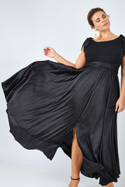 Model Fiona wearing size 16 of the Chloe Dress in colour Black (Black), from the front, showing the whole outfit