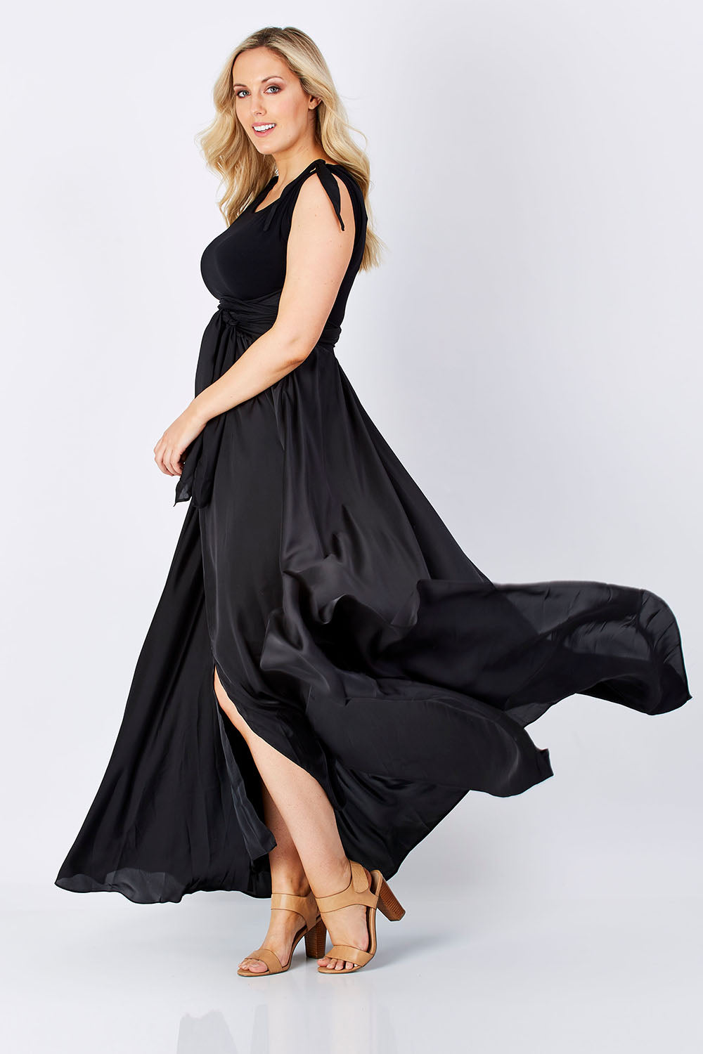 Model Jess wearing size 12 of the Chloe Dress in colour Black (Black), from the front, showing the whole outfit