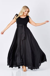 Model Jess wearing size 12 of the Chloe Dress in colour Black (Black), from the front, showing the whole outfit