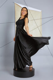 Model Pamela wearing size 10 of the Chloe Dress in colour Black (Black), from the front, showing the whole outfit