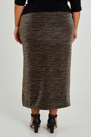 Model Alexis wearing size 18 of the Kate Skirt in colour Copper (Metallics), from the back