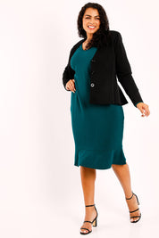 Model Sasha-Lee wearing size 16 of the Jamie Jacket in colour Black (Black), from the front, showing the whole outfit