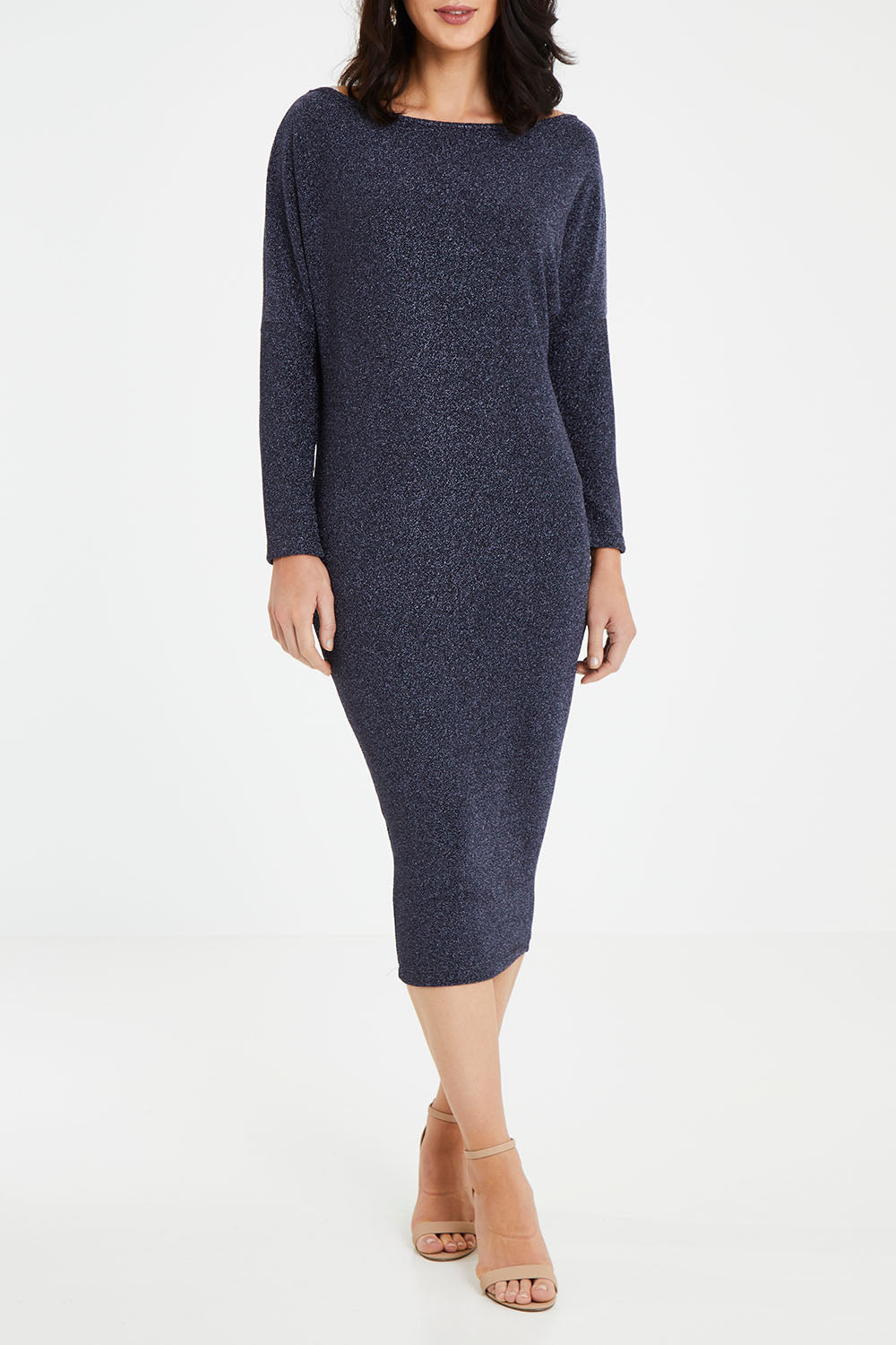 Model Andrea wearing size 10 of the Loreley Dress in colour Twilight (Blue), from the front, cropped image