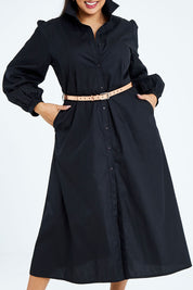 Model Sasha-Lee wearing size 16 of the Jane Shirt Dress in colour Black (Black), from the front, cropped image