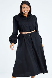 Model Sasha-Lee wearing size 16 of the Jane Shirt Dress in colour Black (Black), from the front, cropped image