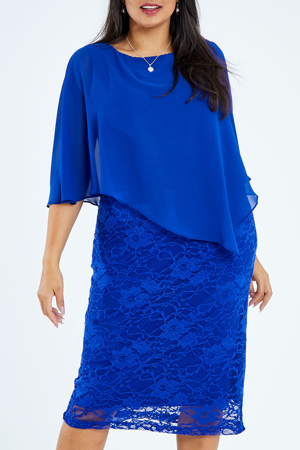 Model Sasha-Lee wearing size 16 of the Marnie Dress in colour Sapphire (Blue), from the front, cropped image
