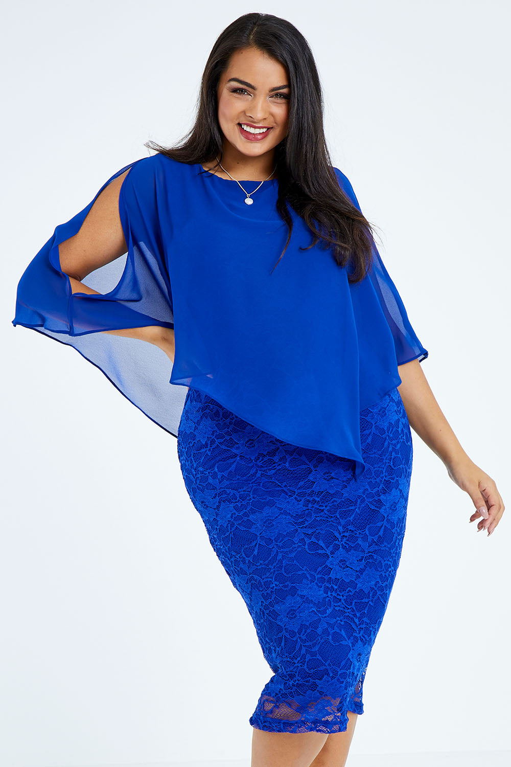 Model Sasha-Lee wearing size 16 of the Marnie Dress in colour Sapphire (Blue), from the front, cropped image