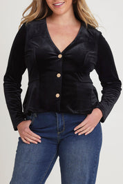 Model Chanel wearing size 16 of the Dawn Velvet Jacket in colour Black (Black), from the front, cropped image