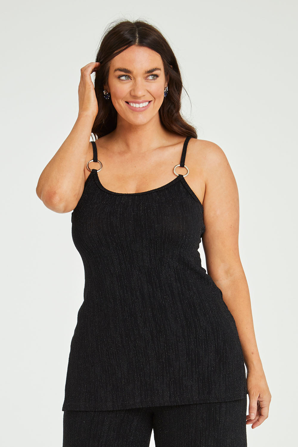 Model Laura wearing size 14 of the Donna Glamorous Top in colour Midnight (Black), from the front, cropped image