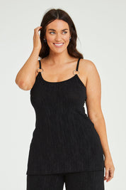Model Laura wearing size 14 of the Donna Glamorous Top in colour Midnight (Black), from the front, cropped image