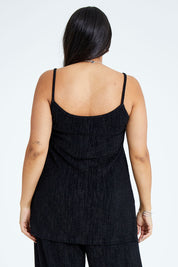 Model Sasha-Lee wearing size 16 of the Donna Glamorous Top in colour Midnight (Black), from the back