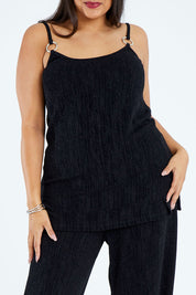 Model Sasha-Lee wearing size 16 of the Donna Glamorous Top in colour Midnight (Black), from the front, cropped image
