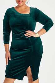 Model Alexis wearing size 16 of the Diana Velvet Dress in colour Ivy (Green), from the front, cropped image